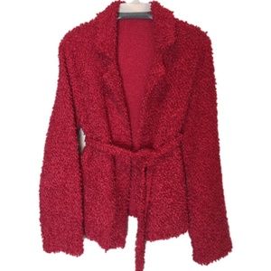 Red Boucle Knit Wrap Coat